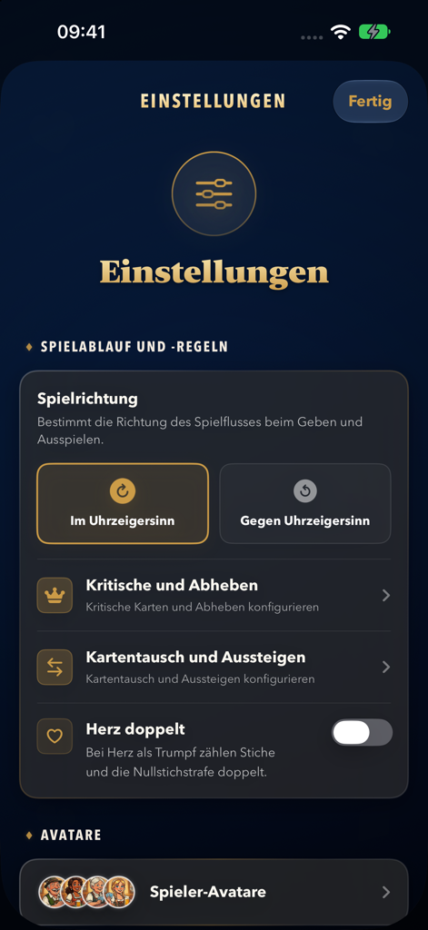 Einstellungen und Regeln in Böhmisch Watten